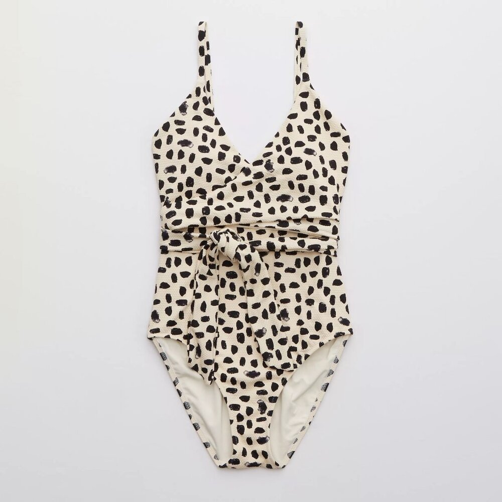 Aerie Pique Wrap One Piece Swimsuit 🖤 Cream / Black